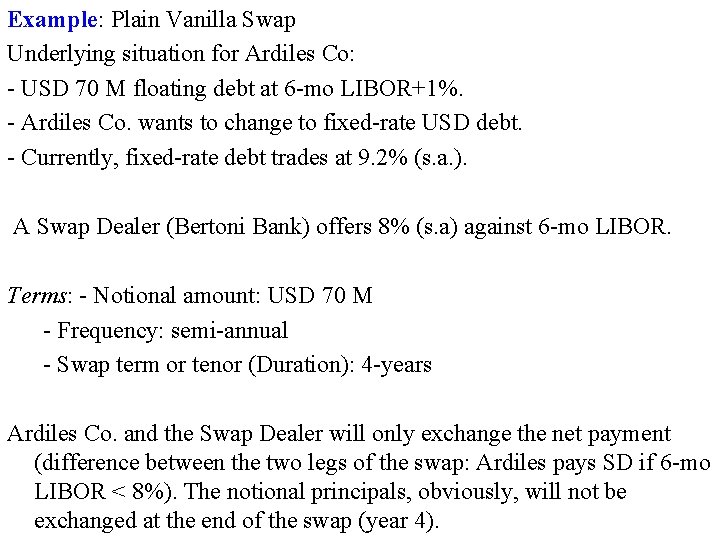 Example: Plain Vanilla Swap Underlying situation for Ardiles Co: - USD 70 M floating