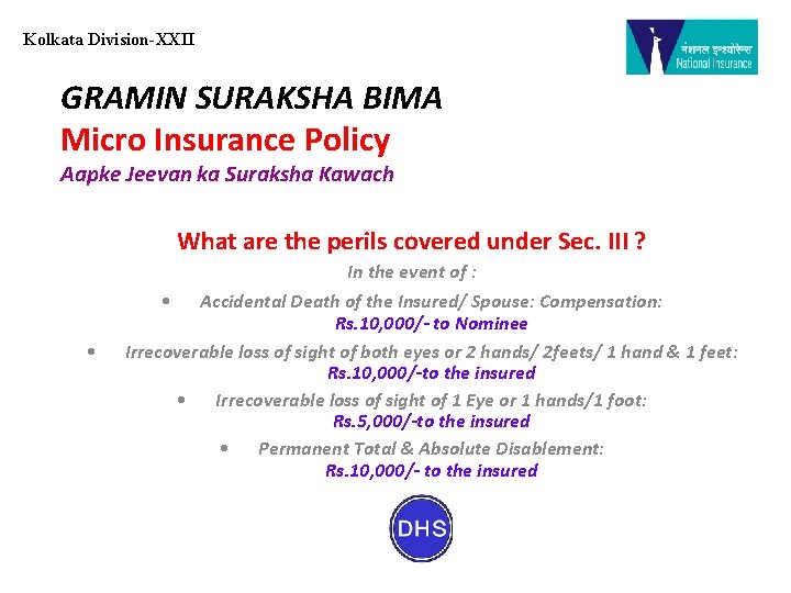 Kolkata Division-XXII GRAMIN SURAKSHA BIMA Micro Insurance Policy Aapke Jeevan ka Suraksha Kawach What