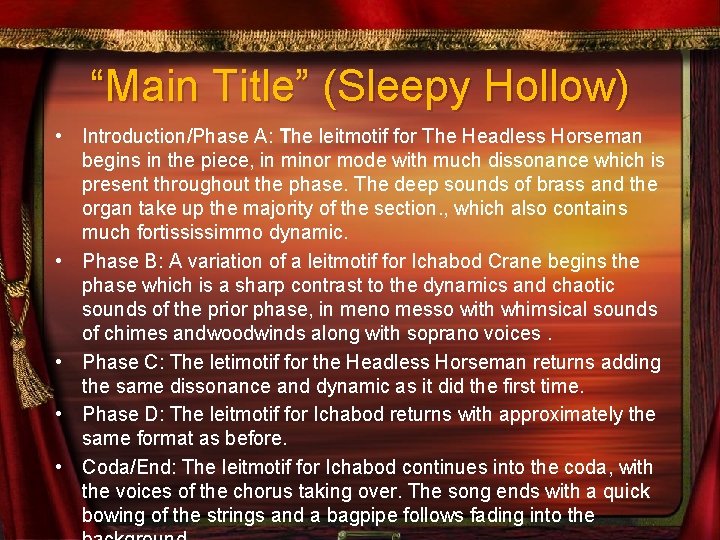 “Main Title” (Sleepy Hollow) • Introduction/Phase A: The leitmotif for The Headless Horseman begins