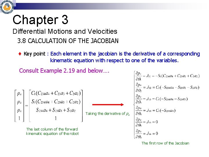 Chapter 3 Differential Motions and Velocities 3. 8 CALCULATION OF THE JACOBIAN Key point