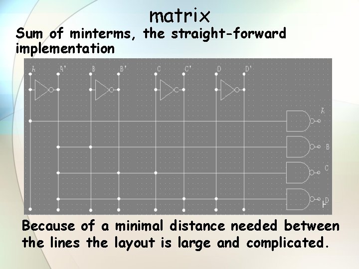 matrix Sum of minterms, the straight-forward implementation Because of a minimal distance needed between
