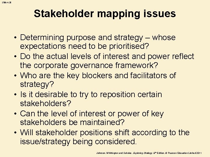 Slide 4. 28 Stakeholder mapping issues • Determining purpose and strategy – whose expectations