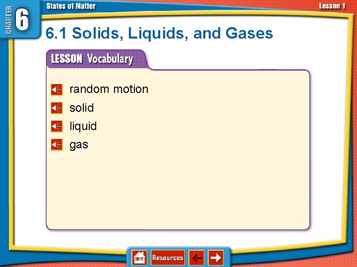 6. 1 Solids, Liquids, and Gases random motion solid liquid gas 