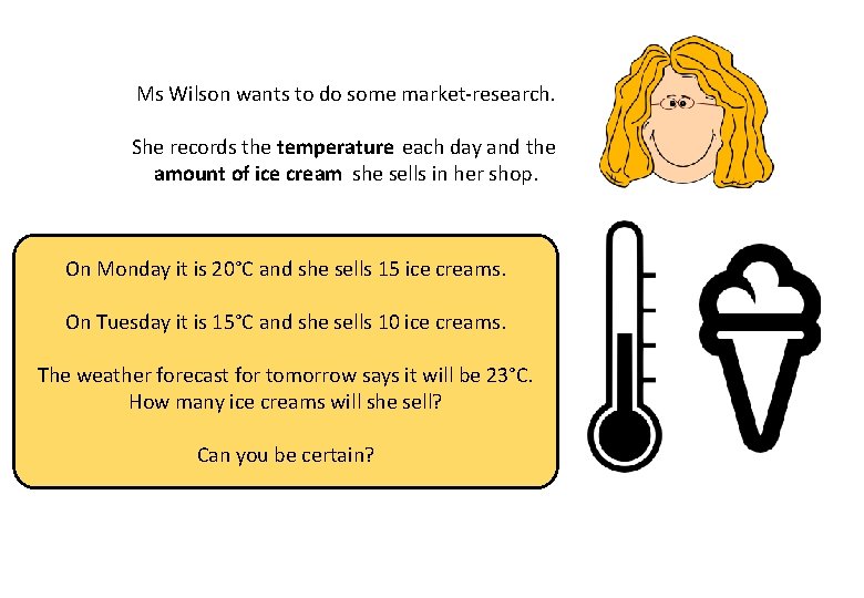 Ms Wilson wants to do some market-research. She records the temperature each day and