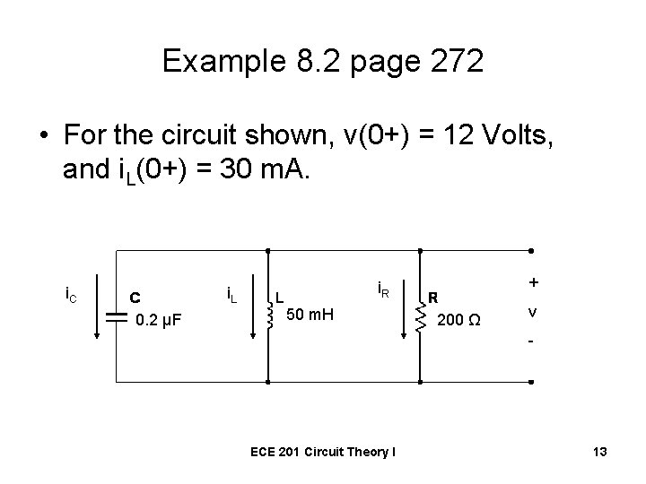 Example 8. 2 page 272 • For the circuit shown, v(0+) = 12 Volts,