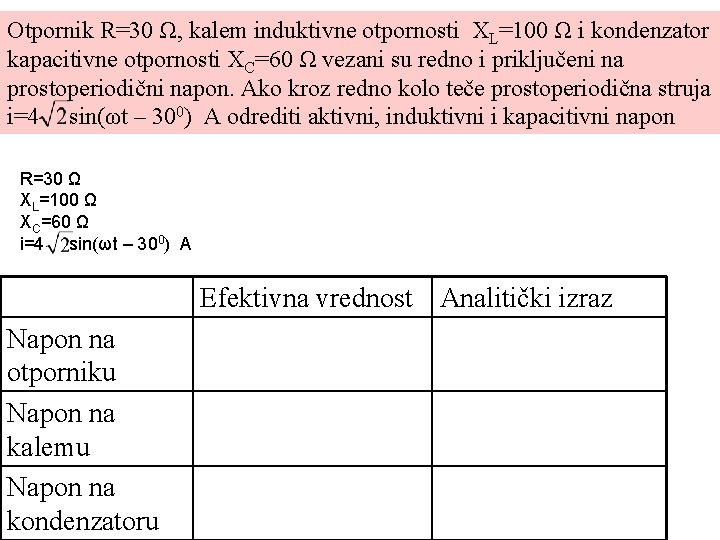 Otpornik R=30 Ω, kalem induktivne otpornosti XL=100 Ω i kondenzator kapacitivne otpornosti XC=60 Ω