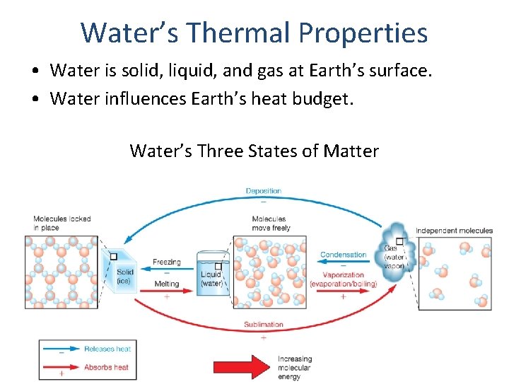 Water’s Thermal Properties • Water is solid, liquid, and gas at Earth’s surface. •