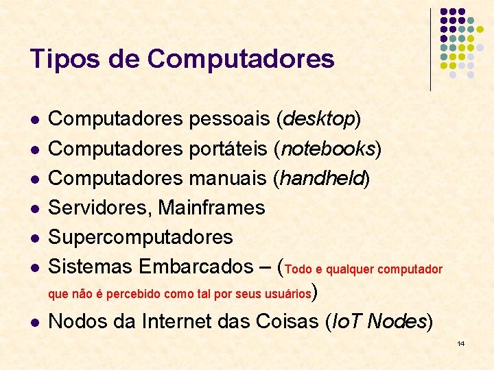 Tipos de Computadores l l l l Computadores pessoais (desktop) Computadores portáteis (notebooks) Computadores