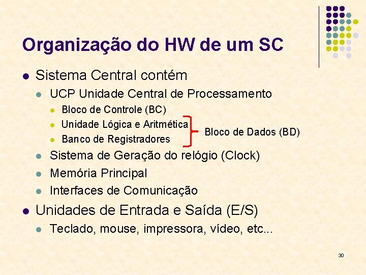 Organização do HW de um SC l Sistema Central contém l UCP Unidade Central