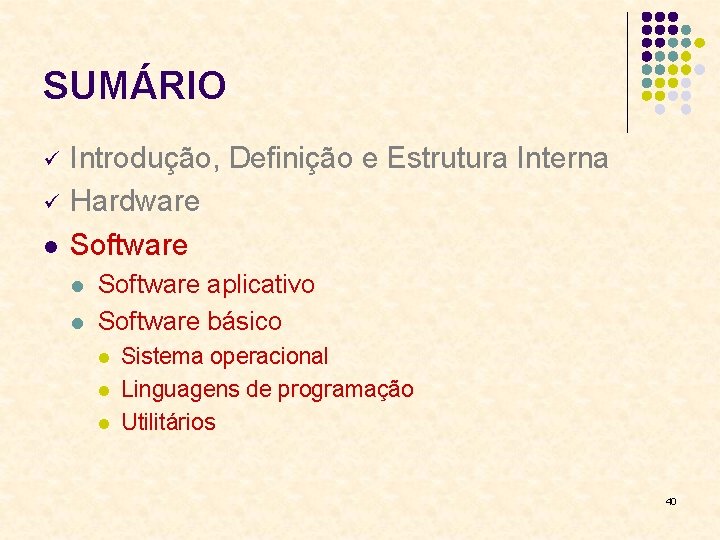 SUMÁRIO l Introdução, Definição e Estrutura Interna Hardware Software l l Software aplicativo Software