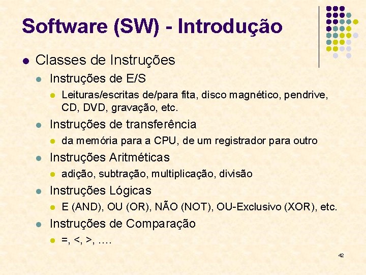 Software (SW) - Introdução l Classes de Instruções l Instruções de E/S l l