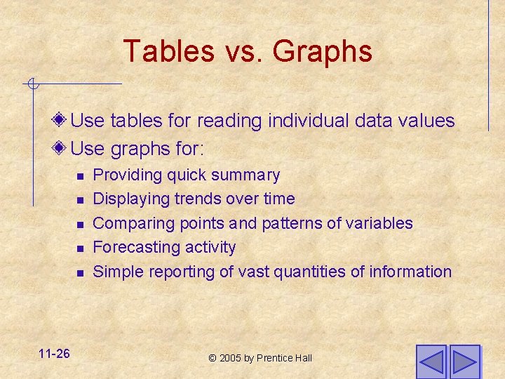 Tables vs. Graphs Use tables for reading individual data values Use graphs for: n