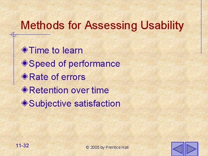 Methods for Assessing Usability Time to learn Speed of performance Rate of errors Retention