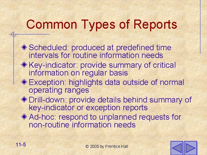 Common Types of Reports Scheduled: produced at predefined time intervals for routine information needs