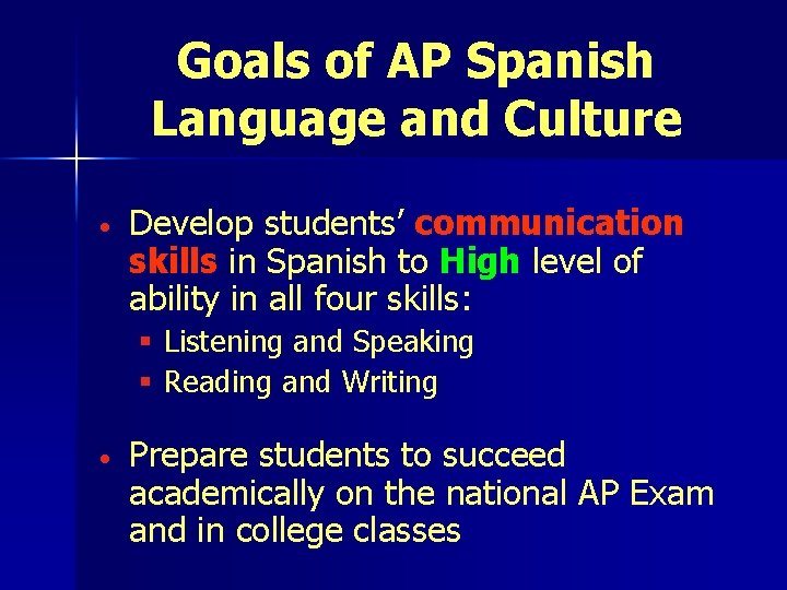 Goals of AP Spanish Language and Culture • Develop students’ communication skills in Spanish Goals of AP Spanish Language and Culture • Develop students’ communication skills in Spanish