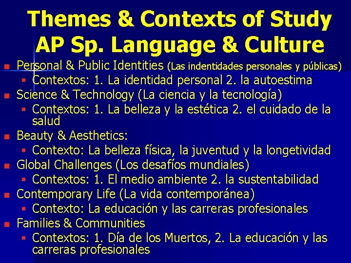 Themes & Contexts of Study AP Sp. Language & Culture n n n Personal Themes & Contexts of Study AP Sp. Language & Culture n n n Personal