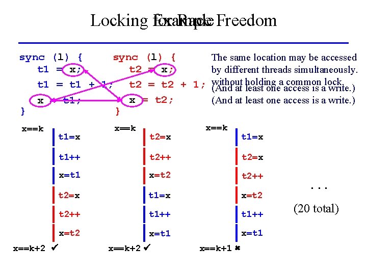 Locking for Example Race Freedom sync (l) { The same location may be accessed