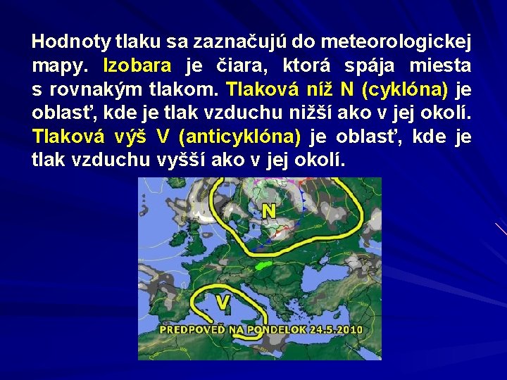 Hodnoty tlaku sa zaznačujú do meteorologickej mapy. Izobara je čiara, ktorá spája miesta s