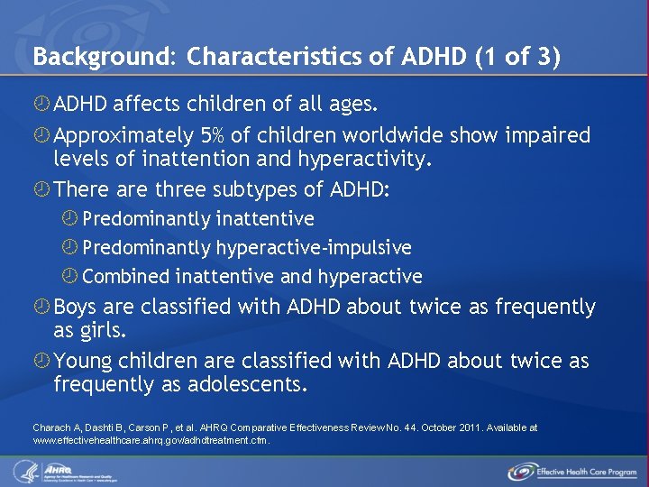 Background: Characteristics of ADHD (1 of 3) ADHD affects children of all ages. Approximately