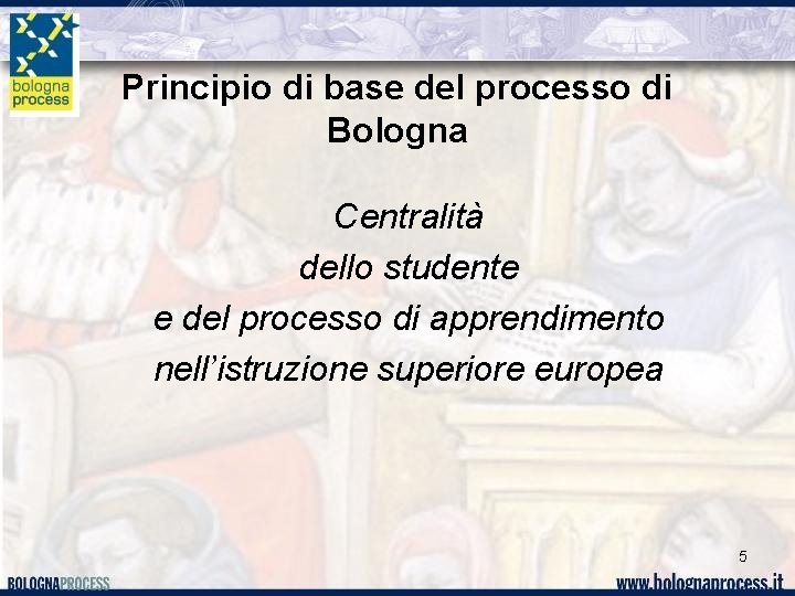 Principio di base del processo di Bologna Centralità dello studente e del processo di