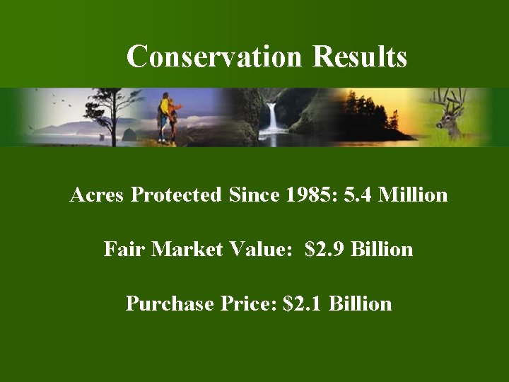 Conservation Results Acres Protected Since 1985: 5. 4 Million Fair Market Value: $2. 9