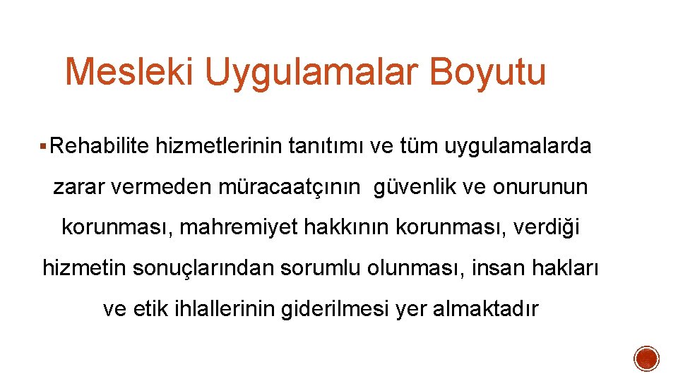 Mesleki Uygulamalar Boyutu § Rehabilite hizmetlerinin tanıtımı ve tüm uygulamalarda zarar vermeden müracaatçının güvenlik Mesleki Uygulamalar Boyutu § Rehabilite hizmetlerinin tanıtımı ve tüm uygulamalarda zarar vermeden müracaatçının güvenlik