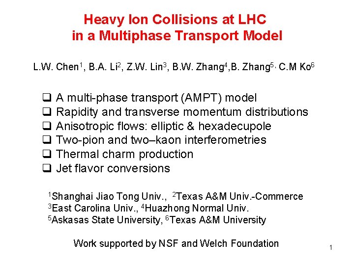 Heavy Ion Collisions at LHC in a Multiphase Transport Model L. W. Chen 1,