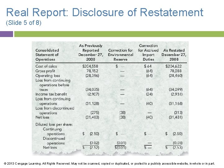 Real Report: Disclosure of Restatement (Slide 5 of 8) © 2013 Cengage Learning. All