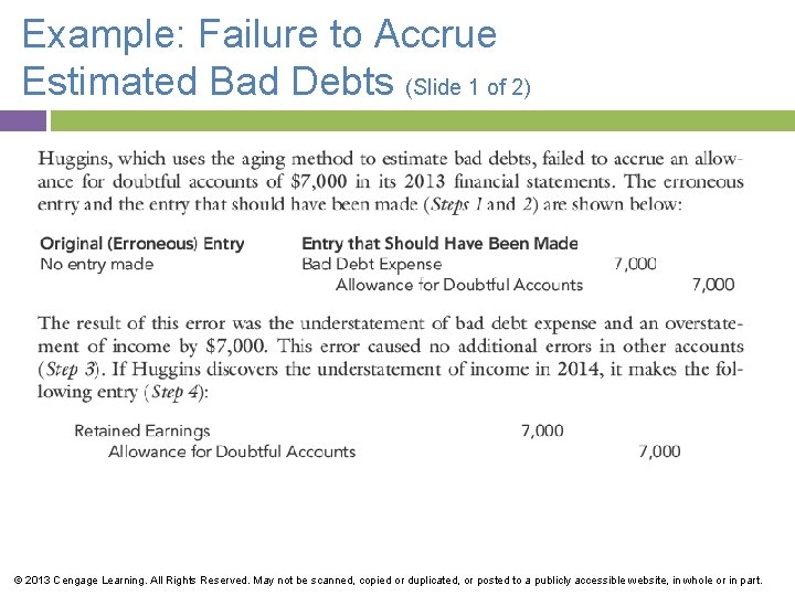 Example: Failure to Accrue Estimated Bad Debts (Slide 1 of 2) © 2013 Cengage