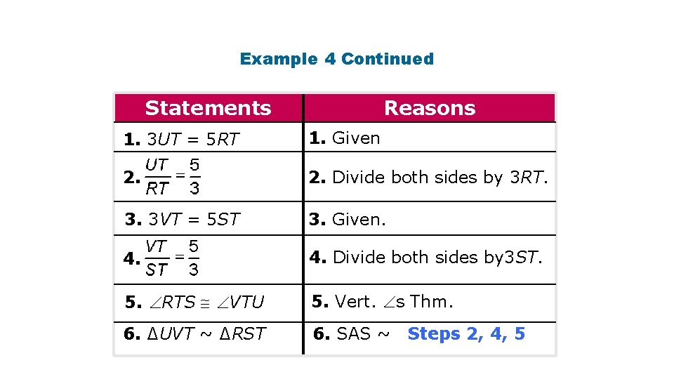 Example 4 Continued Statements Reasons 1. 3 UT = 5 RT 1. Given 2.