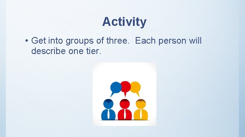 Activity • Get into groups of three. Each person will describe one tier. 