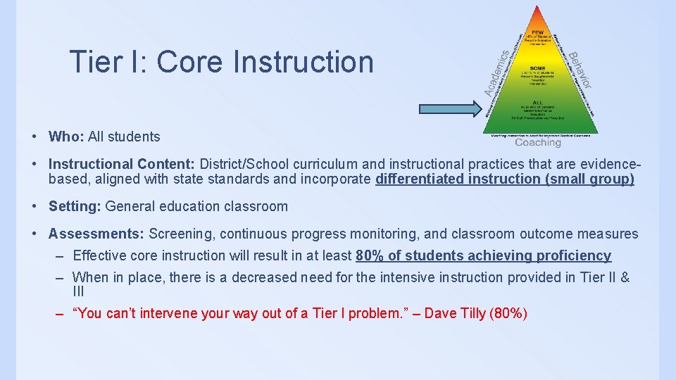 Tier I: Core Instruction • Who: All students • Instructional Content: District/School curriculum and