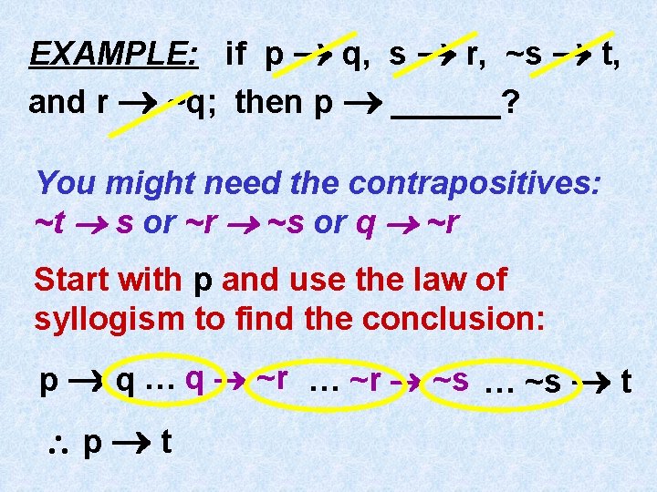 EXAMPLE: if p q, s r, ~s t, and r ~q; then p ______?