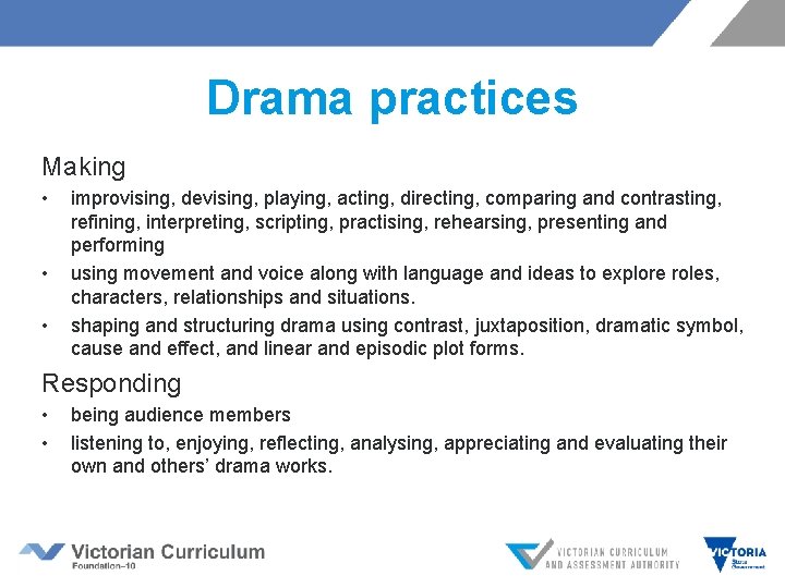 Drama practices Making • • • improvising, devising, playing, acting, directing, comparing and contrasting,