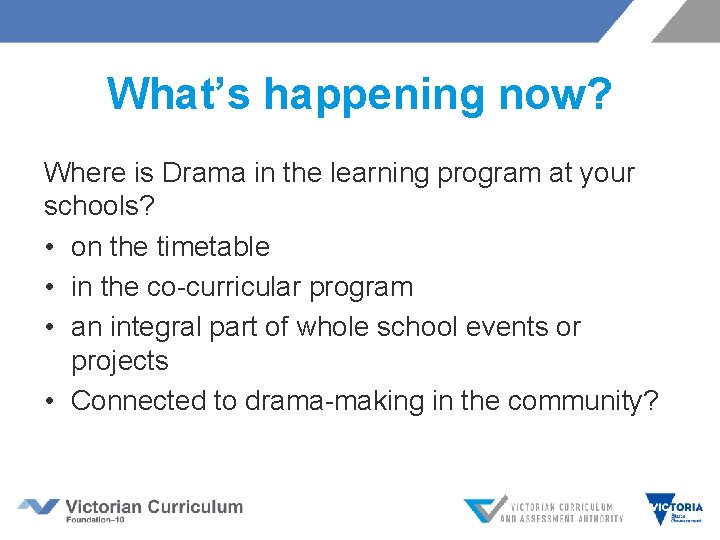 What’s happening now? Where is Drama in the learning program at your schools? •