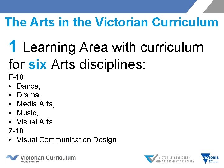 The Arts in the Victorian Curriculum 1 Learning Area with curriculum for six Arts