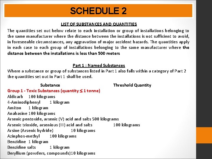 SCHEDULE 2 LIST OF SUBSTANCES AND QUANTITIES The quantities set out below relate to