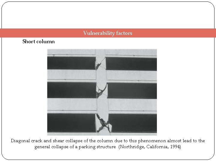 Vulnerability factors Short column Diagonal crack and shear collapse of the column due to