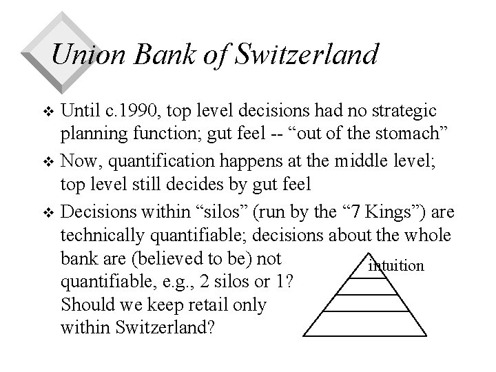 Union Bank of Switzerland Until c. 1990, top level decisions had no strategic planning