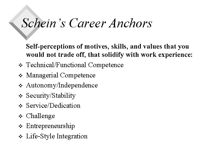 Schein’s Career Anchors v v v v Self-perceptions of motives, skills, and values that