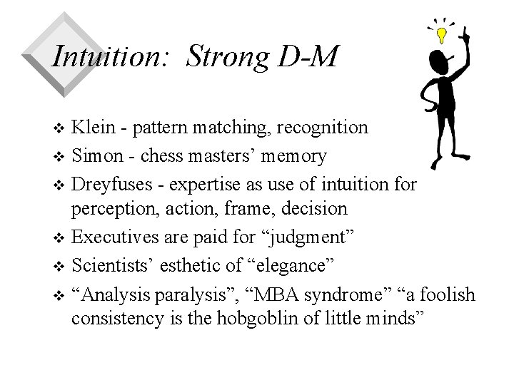 Intuition: Strong D-M Klein - pattern matching, recognition v Simon - chess masters’ memory