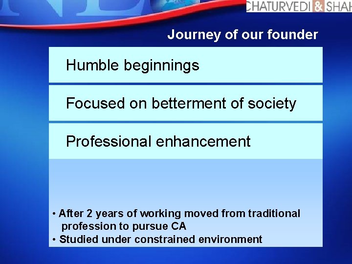 Journey of our founder Humble beginnings Focused on betterment of society Professional enhancement •