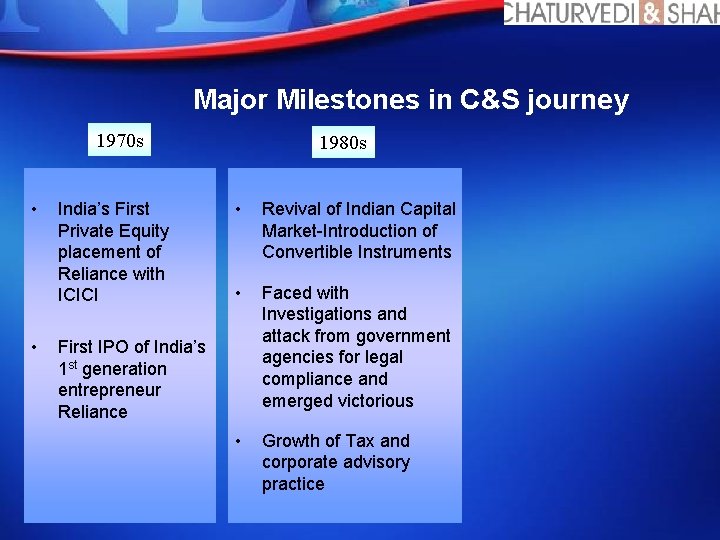 Major Milestones in C&S journey 1970 s • • India’s First Private Equity placement