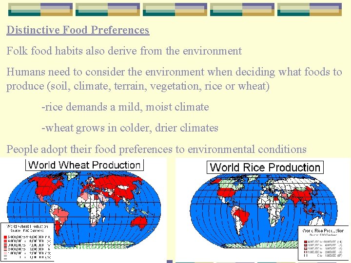 Distinctive Food Preferences Folk food habits also derive from the environment Humans need to