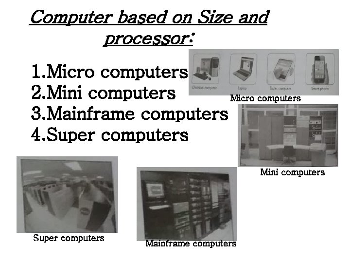 Computer based on Size and processor: 1. Micro computers 2. Mini computers Micro computers Computer based on Size and processor: 1. Micro computers 2. Mini computers Micro computers