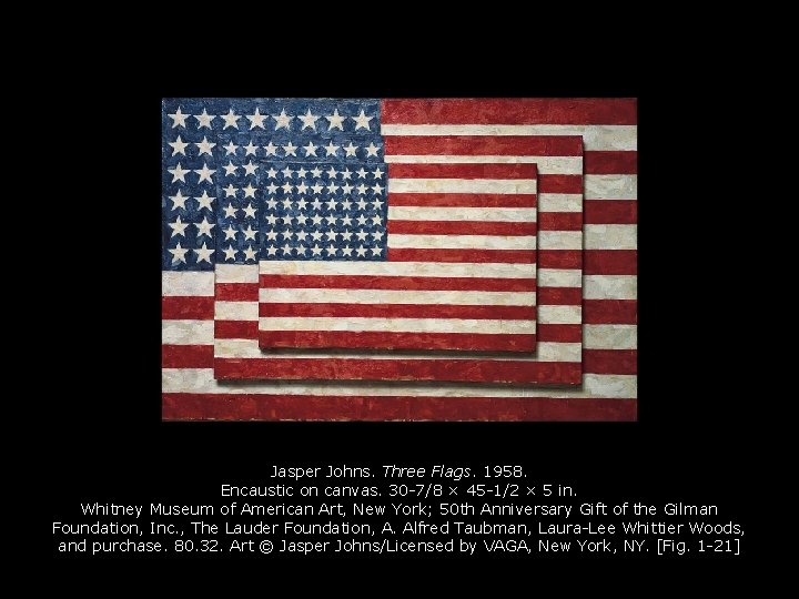 Jasper Johns. Three Flags. 1958. Encaustic on canvas. 30 -7/8 × 45 -1/2 ×