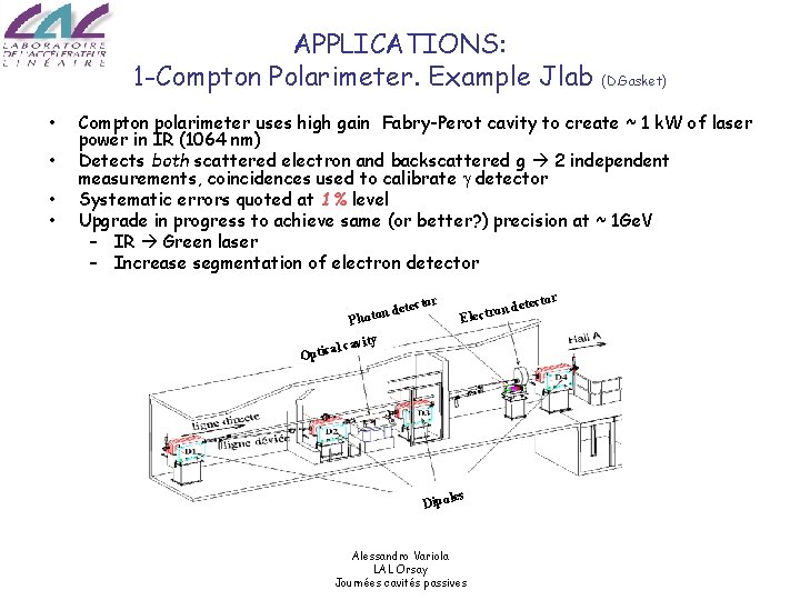 APPLICATIONS: 1 -Compton Polarimeter. Example Jlab • • (D. Gasket) Compton polarimeter uses high