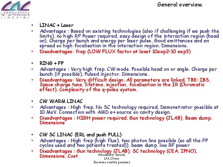 General overview. • • • LINAC + Laser Advantages : Based on existing technologies