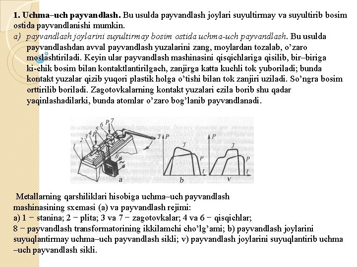 1. Uchma–uch payvandlash. Bu usulda payvandlash joylari suyultirmay va suyultirib bosim ostida payvandlanishi mumkin.