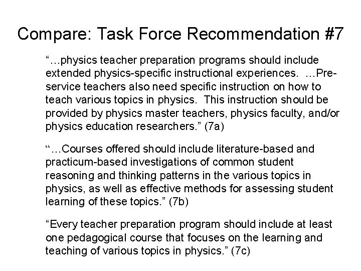 Compare: Task Force Recommendation #7 “…physics teacher preparation programs should include extended physics-specific instructional